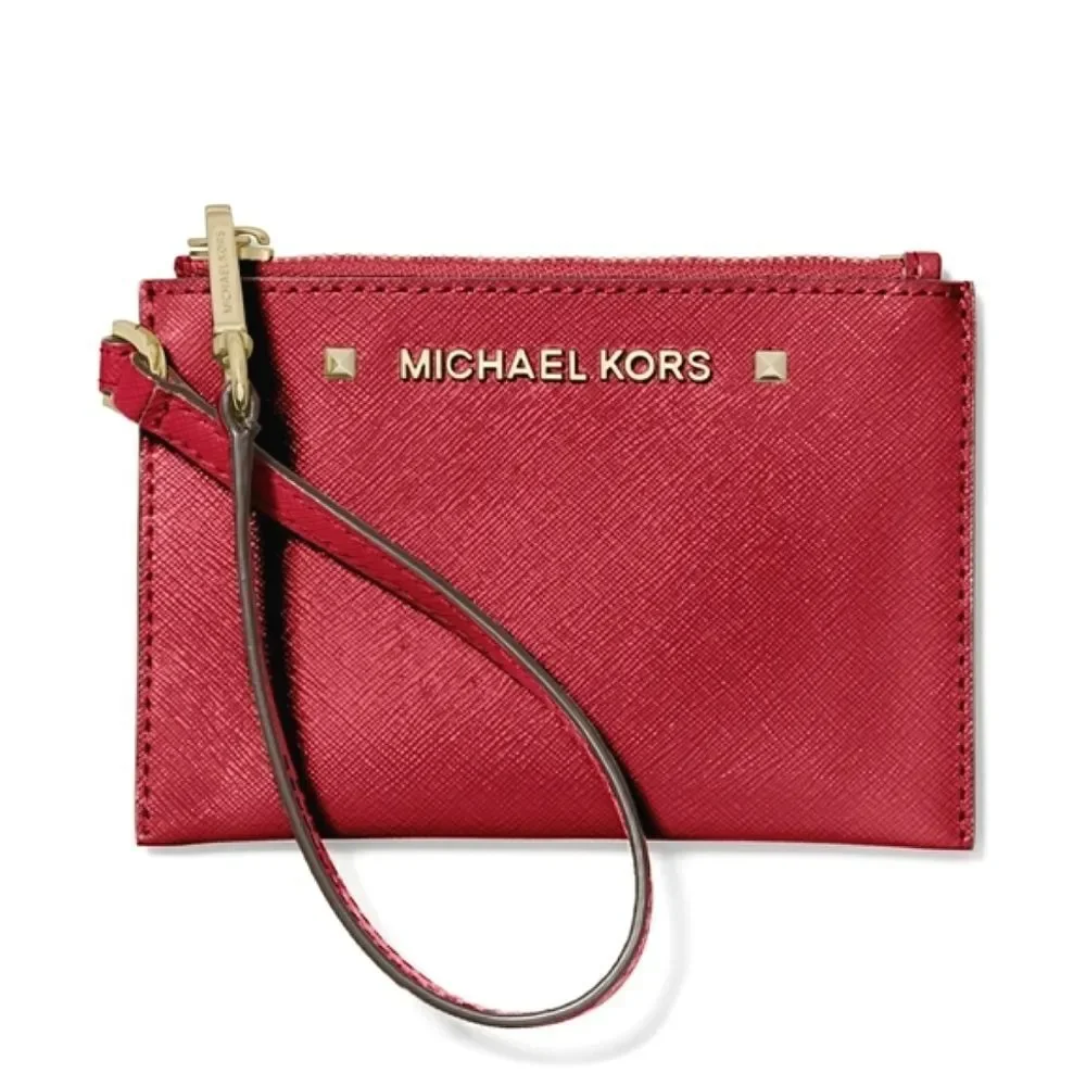 New! MICHAEL KORS Karla Red Leather Small Wristlet With Gift Box